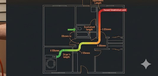 Floor plan diagram showing dryer duct paths with different numbers of elbows, color-coded from green for short compliant runs to red for over-limit equivalent length