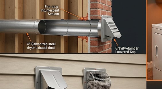 4-inch galvanized steel dryer exhaust duct running through exterior wall with fire-stop intumescent sealant and gravity-damper louvered termination cap
